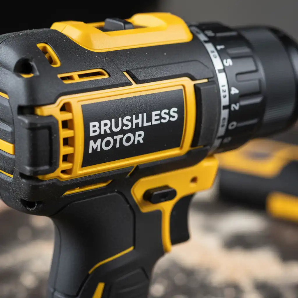 کلوزآپ از نوشته "Brushless Motor" روی بدنه یک دریل مدرن